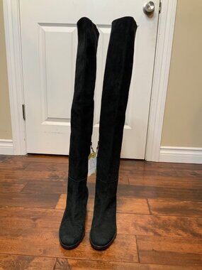 Stuart Weitzman Black Suede Pull-On Zipper Vent Thigh High Heel Boots, Size 10.5